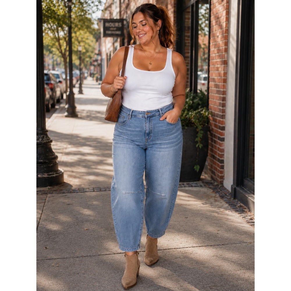 Sidefeel Barrel Jeans Size 16 Light Wash High Rise Curved Leg Stretch Denim 1295